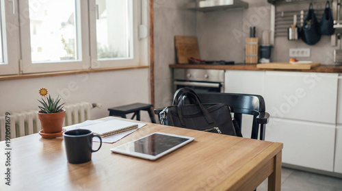 Tableau sur toile Contemporary kitchen interior showcasing a wooden table prepared for remote work and study