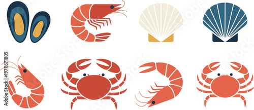 Seafood collection set featuring various flat vector icons of red crabs, prawns, shrimp, mussels, and scallops for restaurant menus and marine design.