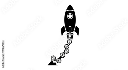 Black silhouette of a rocket launching with a dynamic trail of linked dollar signs, symbolizing financial growth and investment.