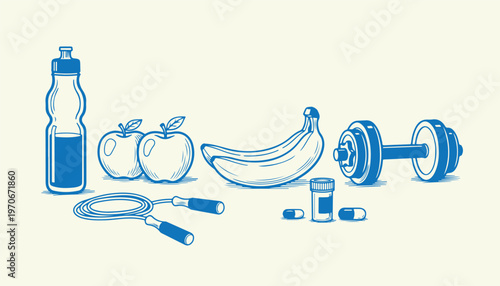 Healthy lifestyle concept with fitness equipment fruit and water bottle on plain surface.