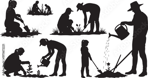 Silhouettes of people gardening and planting flowers together outdoors