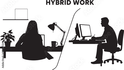 Hybrid work concept with two employees working separately at home