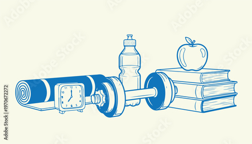 Workout morning routine with alarm clock dumbbell water bottle and stack of study books.
