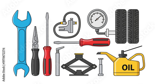 Collection of car repair tools equipment.