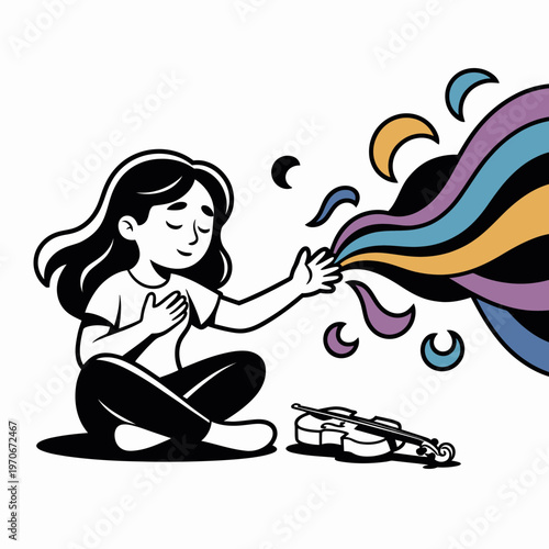 Meditating young woman manifesting colorful abstract energy waves near a violin illustration featuring a serene musical soul finding inner peace through creative harmony