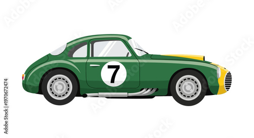 Green Vintage Racing Car Number Seven.