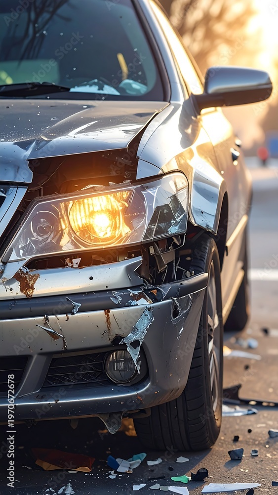 Fototapeta premium A damaged vehicle with a crumpled front end