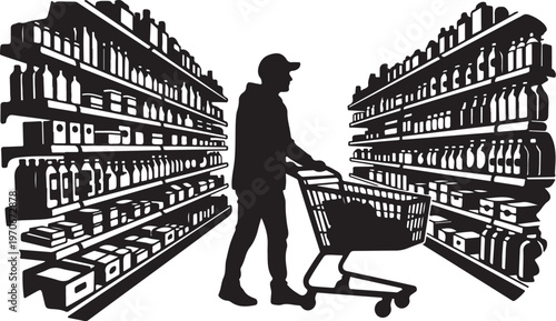 Man shopping in a grocery store with a cart inside