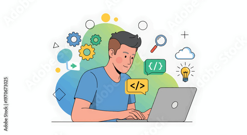 A young man enthusiastically uses a laptop surrounded by coding symbols and icons in a technology-driven environment indoors.