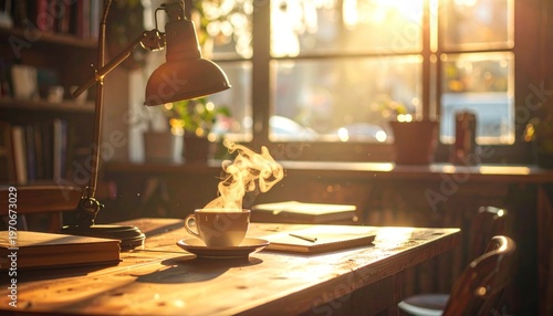 Cozy Office Workspace with Coffee and Lamp.