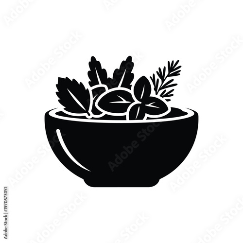 Salad bowl icon with fresh herbs and leafy greens silhouette representing organic vegetarian food healthy eating concepts and garden fresh ingredients for restaurant branding and menus.