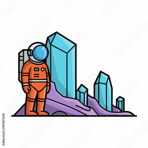 Astronaut standing on alien planet surface with glowing blue crystals and purple terrain in a flat vector illustration style for space exploration and science concepts