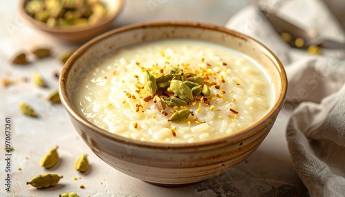 Creamy Rice Pudding with Pistachio Garnish.