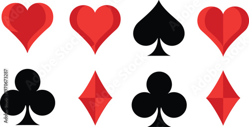 Set of Playing Card Suits in Red and Black for Casino, Card Games, and Gambling Illustrations