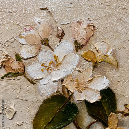 Impressionist Oil Painting White Flowers on Beige Background For Art And Design Concepts