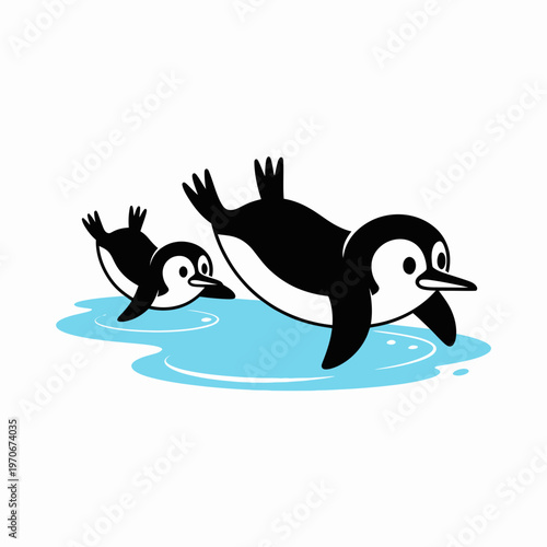 Cute cartoon penguins swimming playfully in blue water vector illustration showing two happy antarctic birds having fun together in a simple minimalist flat design style