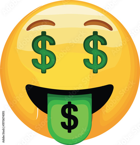 Yellow money mouth emoji vector illustration with dollar signs for eyes and a green currency tongue for finance and wealth concepts