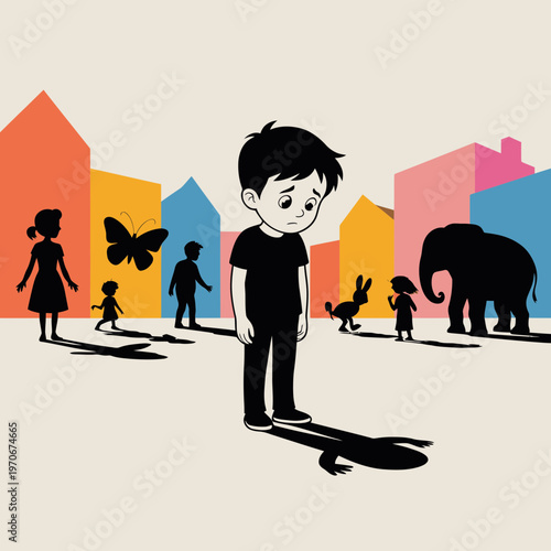 Sad boy standing alone with imaginary shadow friends against a colorful cityscape background featuring silhouettes of animals and children in a flat vector illustration