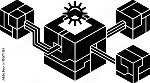 Black and white vector illustration of central processing unit with gear symbol connected to cubes representing data network and communication
