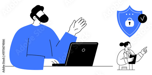 Security concept. Security with digital shield icon protection alongside professionals using laptops. Security in remote work, healthcare, and virtual systems. For tech, healthcare, data safety