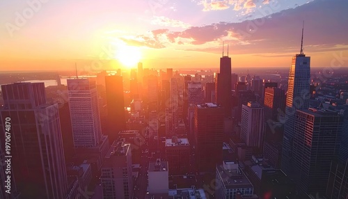Cityscape Skyline at Sunset with Skyscrapers.
