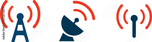 communication towers and satellite dish with signal waves
