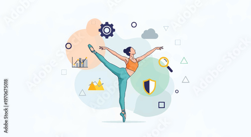 A modern woman in athletic wear performs a graceful dance move surrounded by floating geometric shapes and icons in a colorful illustration.