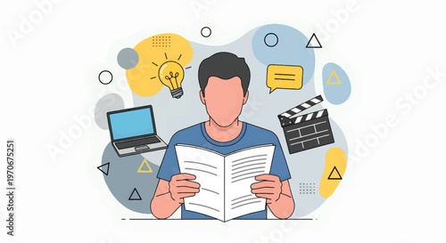 A man sits reading a book surrounded by creative symbols and a laptop in a modern setting with a clapperboard nearby outside.
