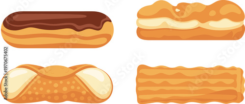 Vector illustration set of delicious pastries featuring chocolate éclair cream puff cannoli and churro for bakery menus and cafe branding.