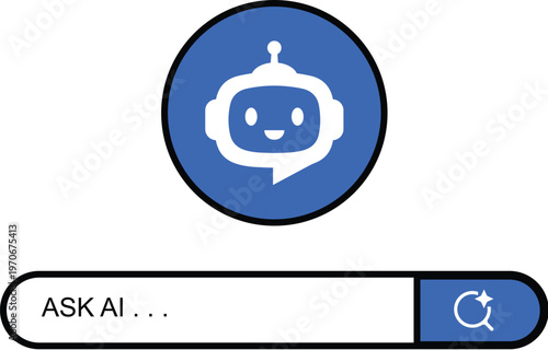 Futuristic AI chatbot icon in blue circle with speech bubble for tech and communication