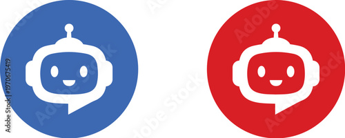 Chatbot icons in blue and red circles for AI and customer service