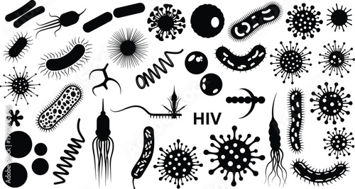 Microorganism silhouette icon set including bacteria, viruses, HIV, and diverse microscopic shapes for microbiology and virology vector themes