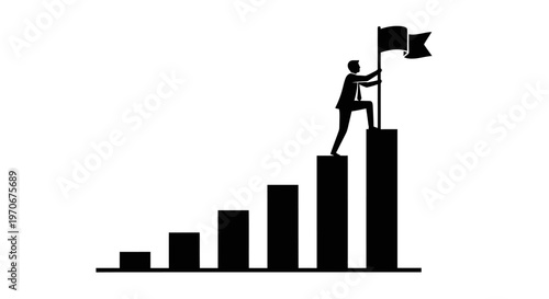 Silhouette of a businessman reaching the peak of a growing bar chart, symbolizing success, achievement, and career progression.