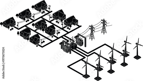 Stylized vector illustration of sustainable power distribution network with houses, substation, wind turbines, and transmission towers for renewable energy