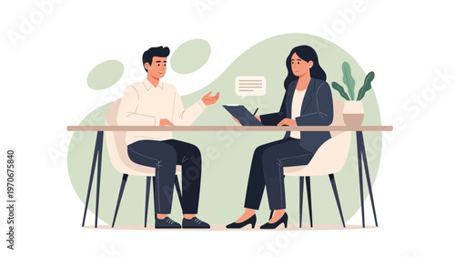 Job Interview: Man and Woman Discussing at Table, Business Meeting