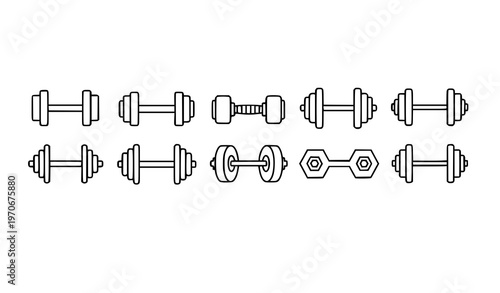 Minimal dumbbell line icons set with various weight shapes editable stroke vector for gym fitness and workout UI design