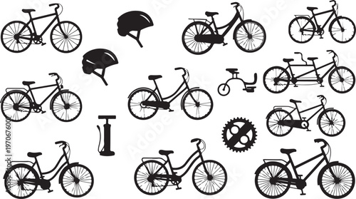 Bicycle Silhouettes and Cycling Accessories on White Background Illustration