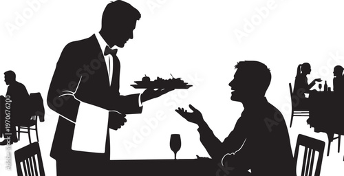 Silhouette of waiter serving food to customer in restaurant setting