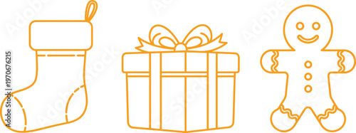 Outline vector set of Christmas holiday icons depicting a stocking gift box and gingerbread man ideal for seasonal greeting cards and web elements