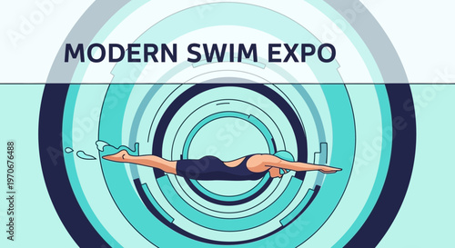 Modern Swim Expo Graphic Depicting Competitive Swimming Style And Water Movement
