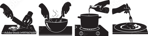 Silhouette of a bird cooking in different kitchen scenes
