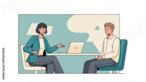 Business meeting: woman interviewer and man interviewee with laptop in office