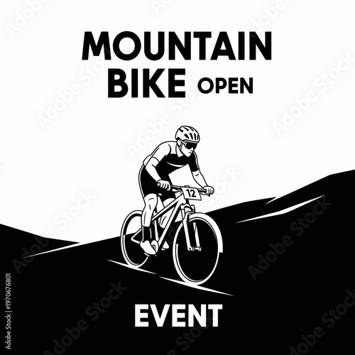 Mountain Bike Open Event Illustration: Dynamic Biker Silhouette on a Challenging Terrain Course