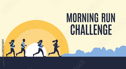 Morning Run Challenge With Sunrise And Silhouettes Of Runners