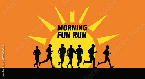 Morning Run Fun Event, Silhouette Runners With Sun, Active Lifestyle and Healthy Exercise