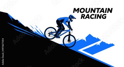 Mountain Bike Racer Descending Steep Slope on a Blue and Black Graphic Illustration
