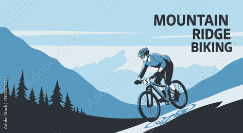 Mountain Bike Rider Descending A Hill With Mountainous Landscape Illustration Design