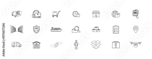 Shipping and delivery line icons collection set. simple outline design of box, truck, warehouse, drone, parcel, package, van, globe, trolley and other logistic signs.
