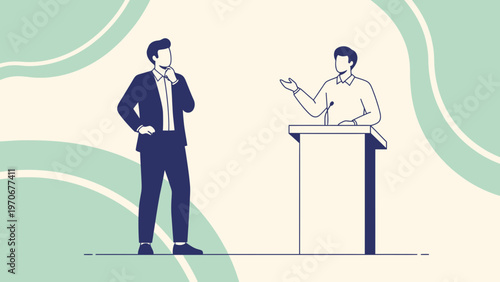 Businessmen debating at a podium, one thinking, one speaking, abstract background