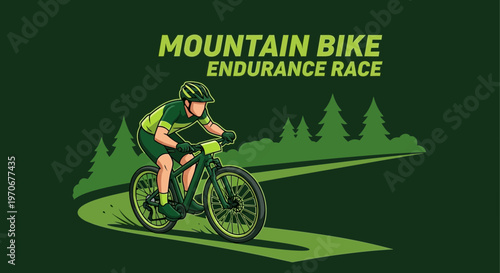 Mountain Bike Endurance Race On Forest Trail Dynamic Illustration